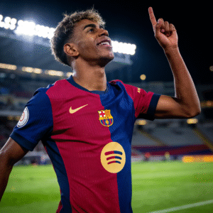 Young football winger wearing a Barcelona style jersey during a match