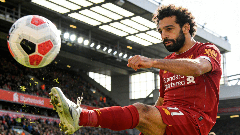 Liverpool Mohamed Salah scoring at Anfield
