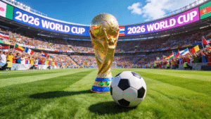 World Cup trophy and football (2026 World Cup qualified teams)