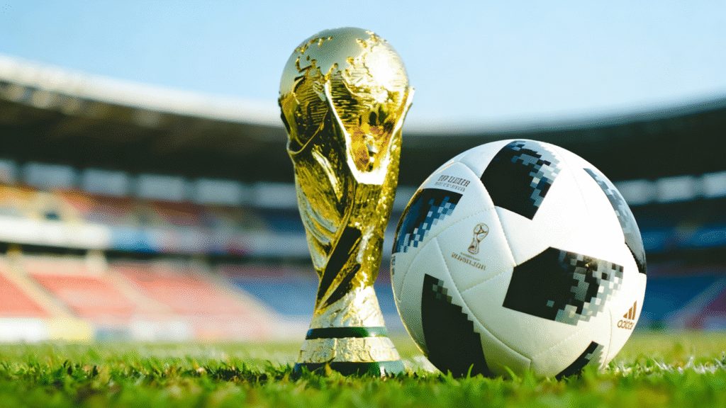 2026 World Cup trophy and football on grass